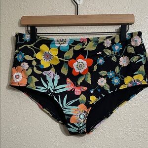 Midrise Waist Floral Bikini Bottoms - Black with Multicolor Flowers